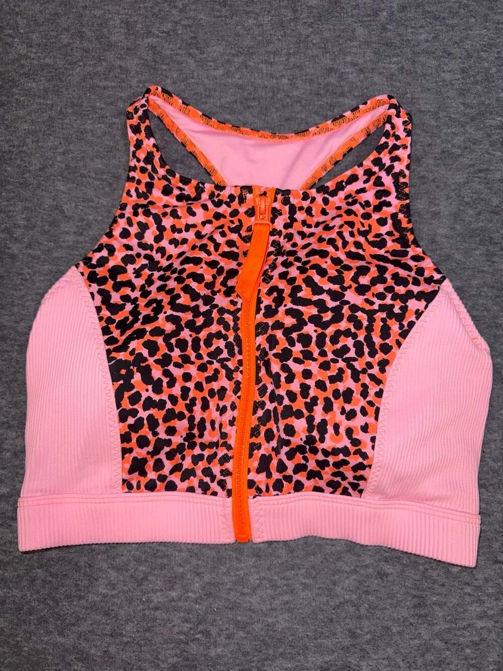 Fabletics Front-Zip Racerback Sports Bra Pink Orange Leopard Print